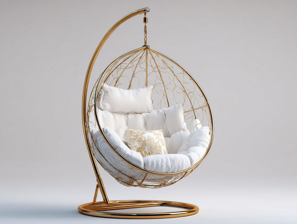 Hängesessel für Garten - Polyrattan Hängesessel 105x105x195 cm - Gold Weiß - Freistehender Hängesessel im modernen Design
