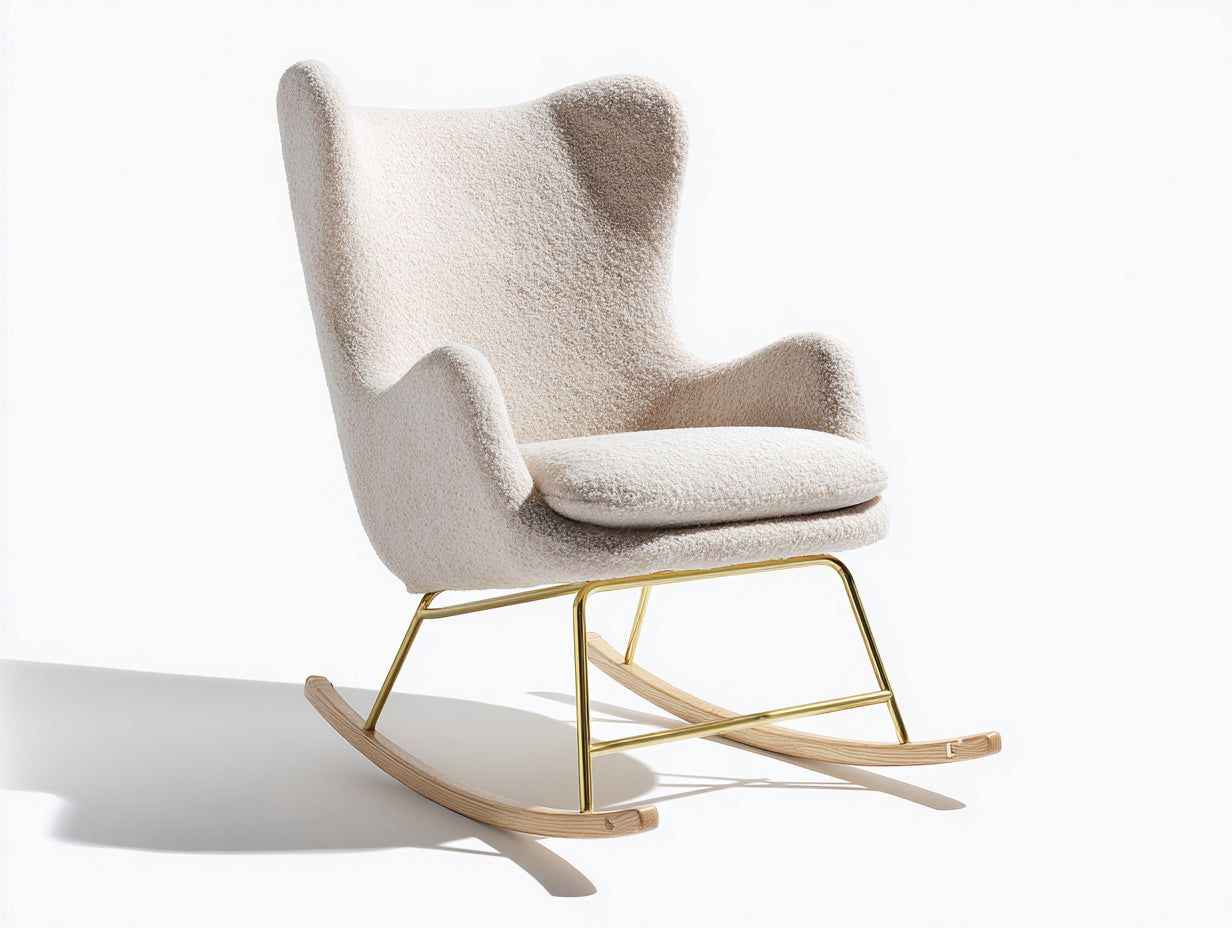 Schaukelstühle Bouclé Stoff Beige Gold Metallgestell Holz Kufen Wohnzimmer Modern Design 80x85x100 cm