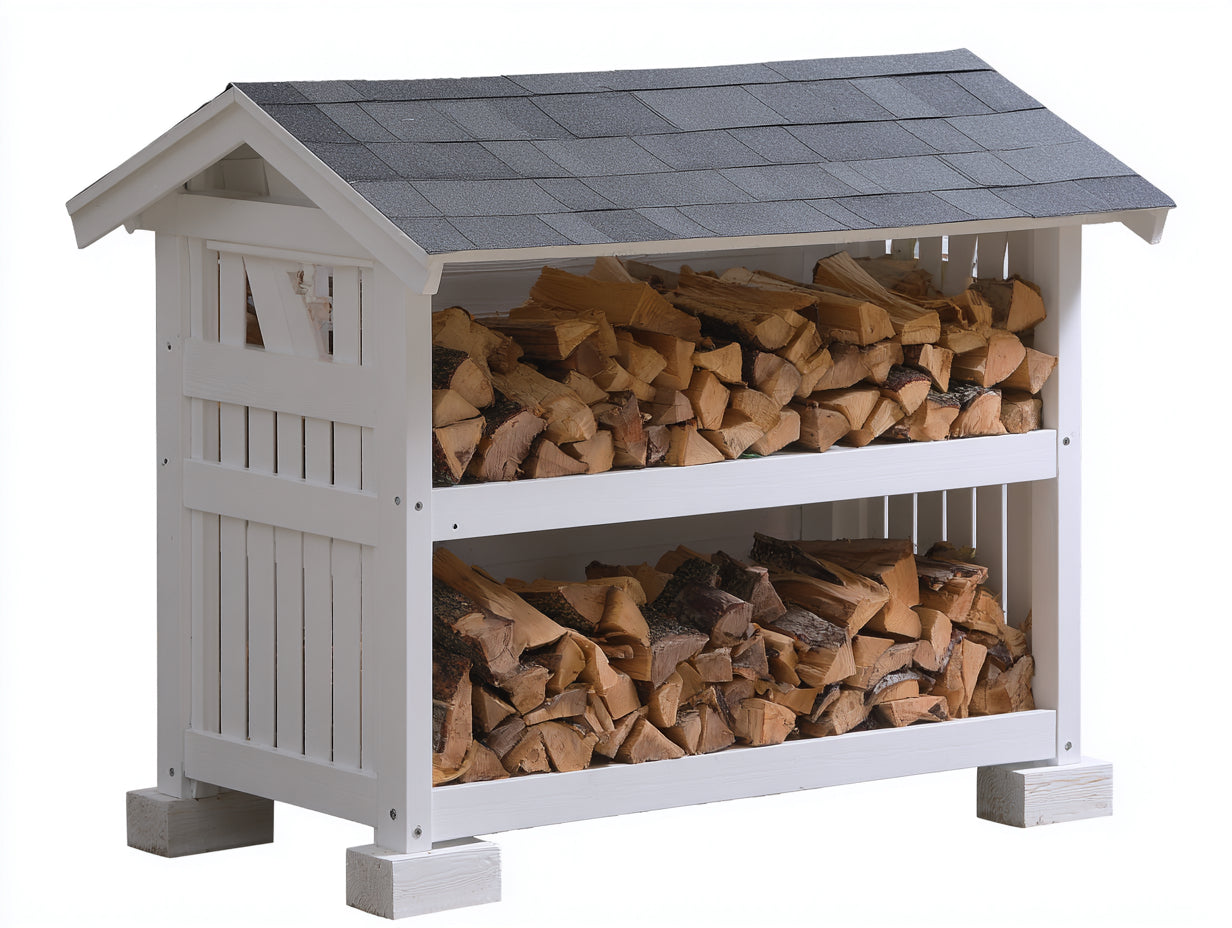 Kaminholzregal Holzlager Weiß Grau mit Dach Doppelstöckig Outdoor Holzaufbewahrung 180x70x170 cm