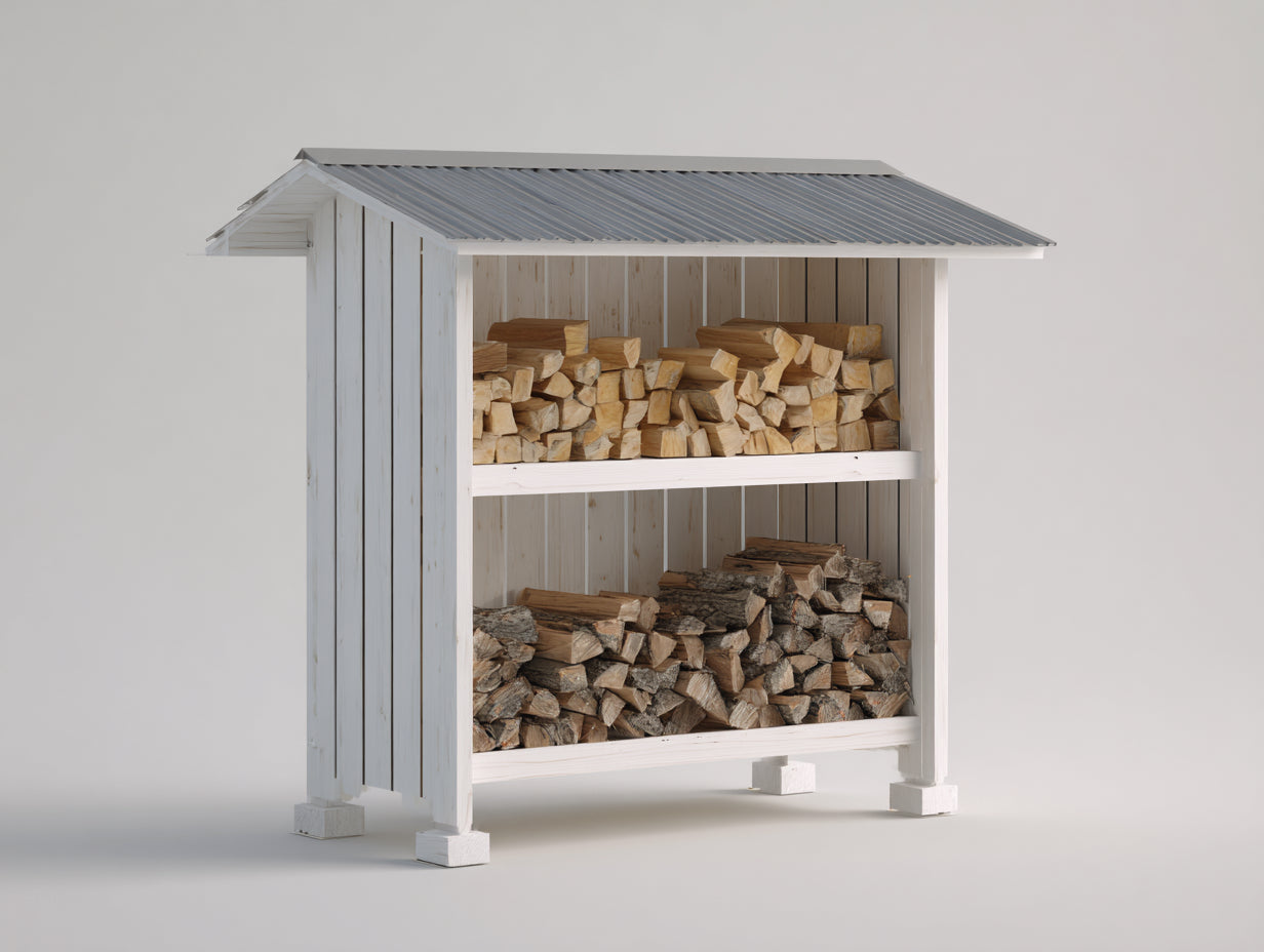 Kaminholzregal Holz Weiss-Grau mit Metalldach 120x60x180 cm Brennholzregal Feuerholzregal für Garten Terrasse