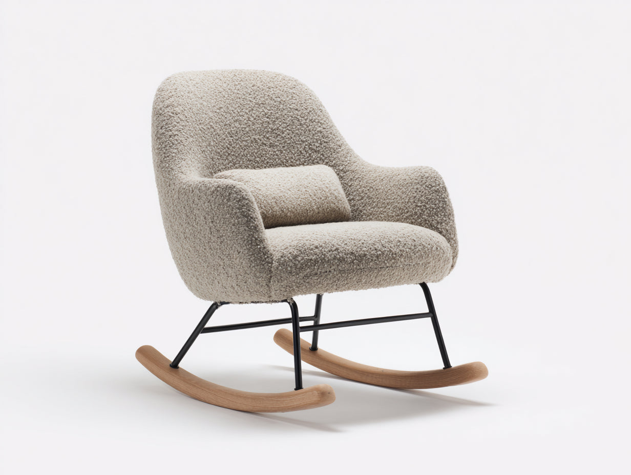 Schaukelstühle - Bouclé Stoff Schaukelstuhl 80x92x88 cm - Cremeweiß - Gepolsterter Relaxsessel im skandinavischen Design
