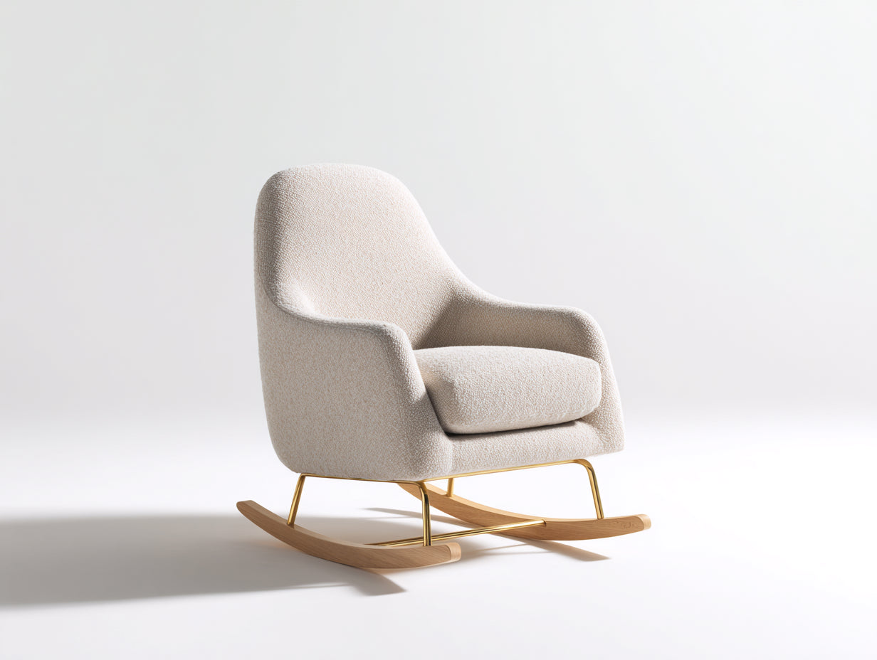 Schaukelstühle - Bouclé Stoff Schaukelstuhl 79x91x90 cm - Cremeweiß - Gepolsterter Relaxsessel mit Holzkufen im modernen Design