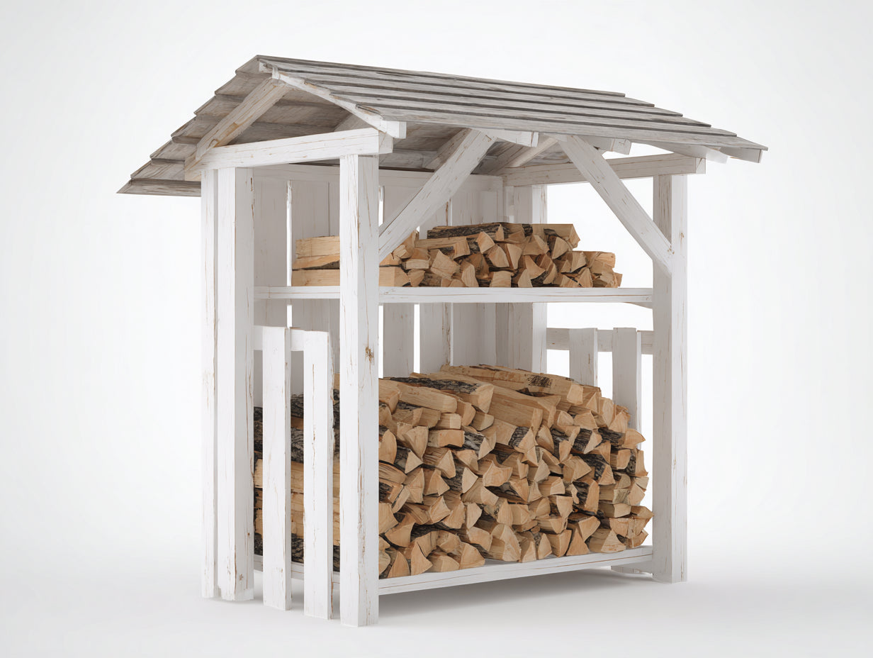 Kaminholzregal - Kaminholzregal aus Holz 140x60x180 cm - Weiß Natur - Brennholzregal mit Dach und Ablagefach für den Außenbereich