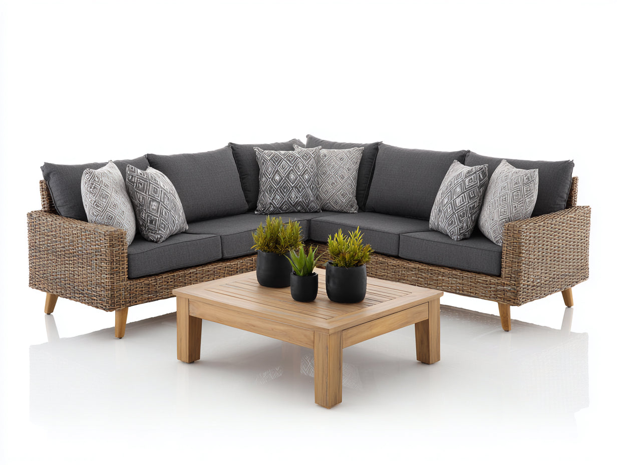 Gartensofa Set Rattan Metall Holz - 230x230x85 cm - Grau Natur Rattan Modern Outdoor Lounge Design