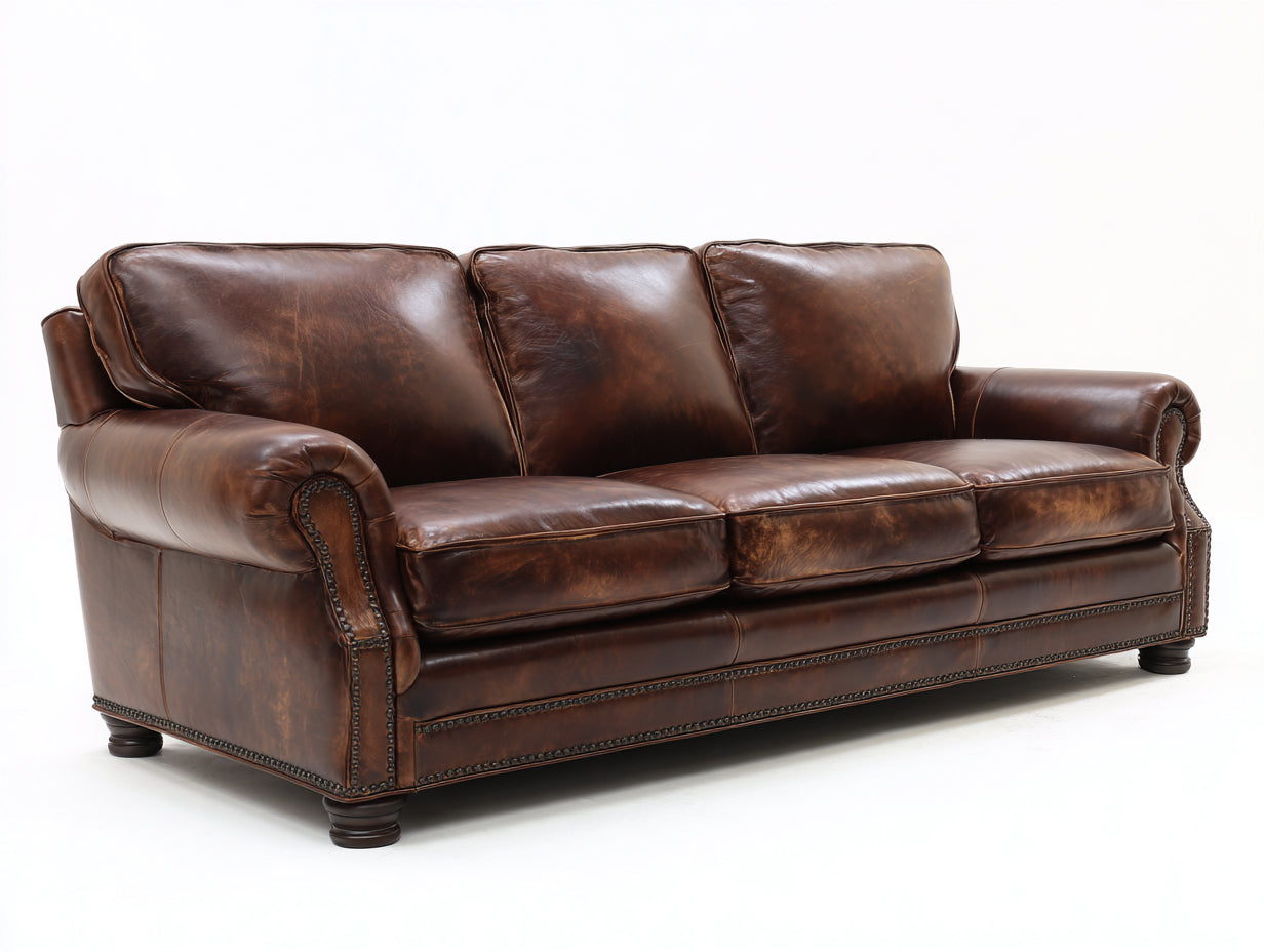 3 Sitzer Sofa Leder Braun Vintage Stil Klassisch Polstergarnitur Wohnzimmer 210x88x85 cm Elegant Komfortabel