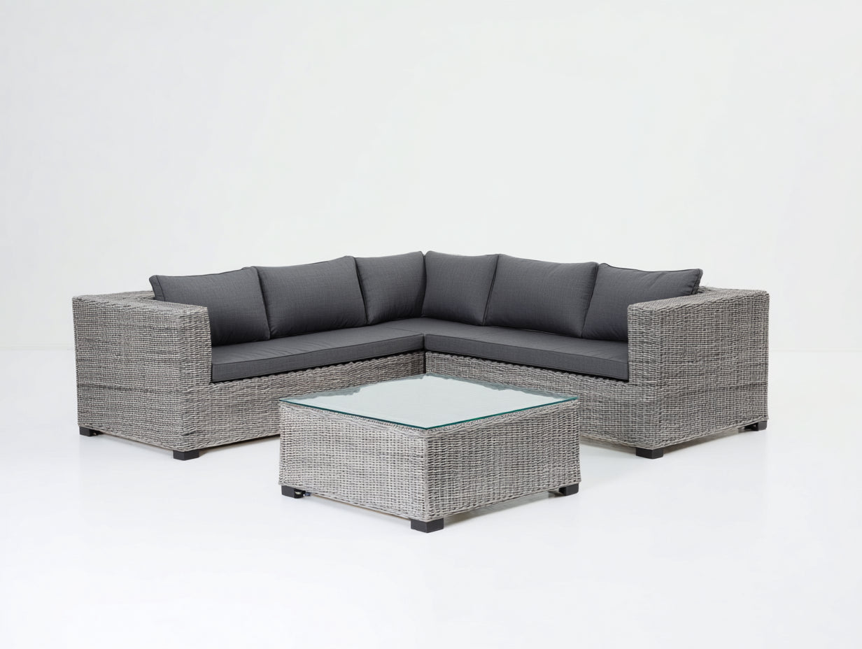 Gartensofa Polyrattan Hellgrau Dunkelgrau 260x260x80 cm Outdoor Ecksofa mit Glastisch Modern Design